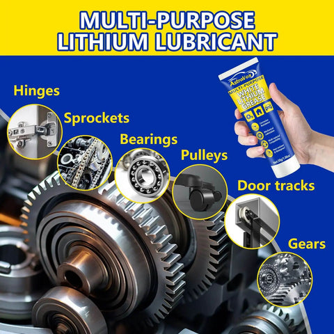Person holding white lithium grease with brush for hinges, bearings, gears, waterproof and heat resistant, 1oz tube, showcasing uses.
