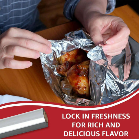 Person wrapping grilled chicken in Heavy Duty 18 Inch Wide Aluminum Foil Roll, 500 Feet, Food Safe, Tear Resistant for Cooking