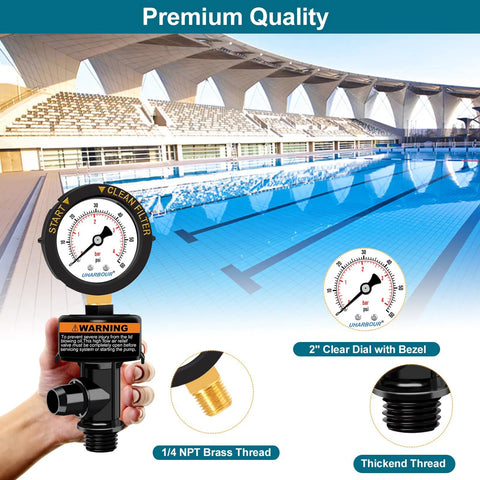 Uharbour pool air-relief valve with pressure gauge, black body, 1/4 NPT brass thread, 2-inch clear dial
