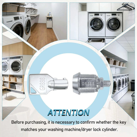 Premium 2 Pack GR888 Washer And Dryer Keys For Greenwald Speed Queen Commercial Coin Operated Machines Replacement Cash Box Lock Keys 8 20 888 Compatible With 54612 AP24028 And Other Models, displayed with key design and laundry room background.