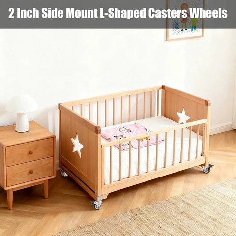 Side Mount L Shaped Plate 2 Inch Rubber Casters Set Of 4 With 2 Swivel And 2 Brakes installed on baby bed in room