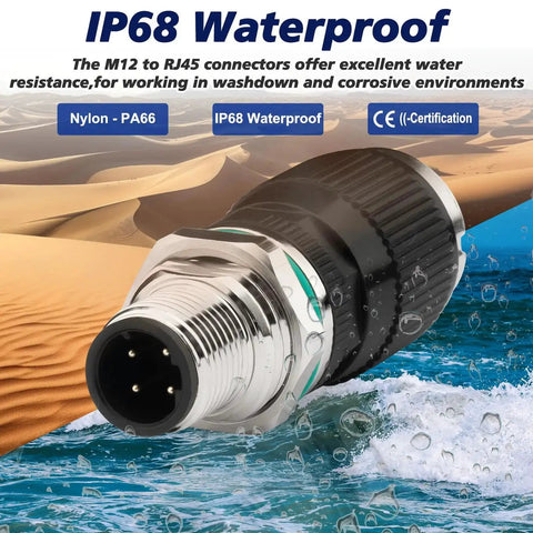 M12 To RJ45 10Gbps Ethernet Adapter IP68 Waterproof for rugged industrial use with visible four-pin connector and nylon design