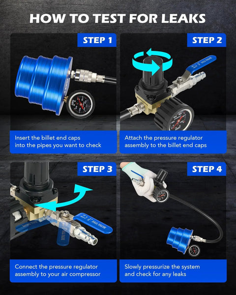 Step-by-step guide using Turbo System Leak Tester For Trucks With CAC Boost, Aluminum Charge Air Cooler Pressure Tester Kit by Orion Motor Tech.