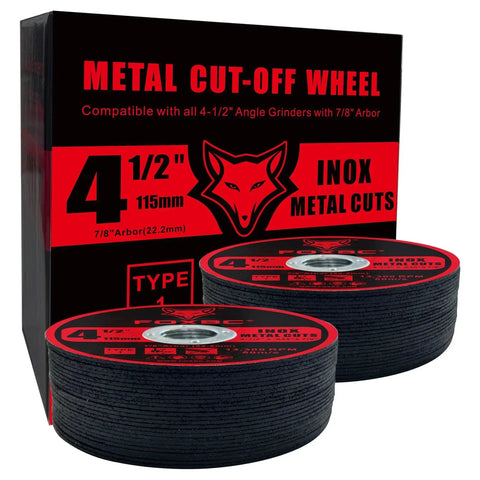 Beefy 4-1/2 Inch Cut Off Wheel Discs For Angle Grinder For Metal And Stainless Steel With 7/8 Inch Arbor 0.045 Inch Thick Type 1 Flat Disc Fully Reinforced For Handheld Cutting 50 Pack FOXBC box and discs display