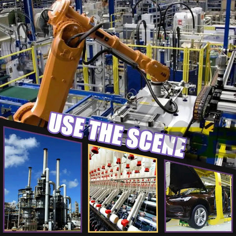 Collage of industrial scenes including a robotic arm, factory machinery, an oil refinery, and a car under inspection.