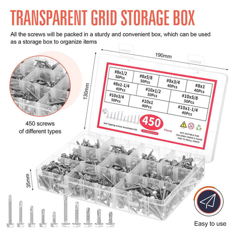 450 Piece Self Tapping Screws Kit Made From 410 Stainless Steel For Fast Strong Mounts In Metal Plastic And Wood With Lengths From One Half Inch To One And One Quarter Inch In A Rust Resistant Silver Finish shown in transparent grid storage box.