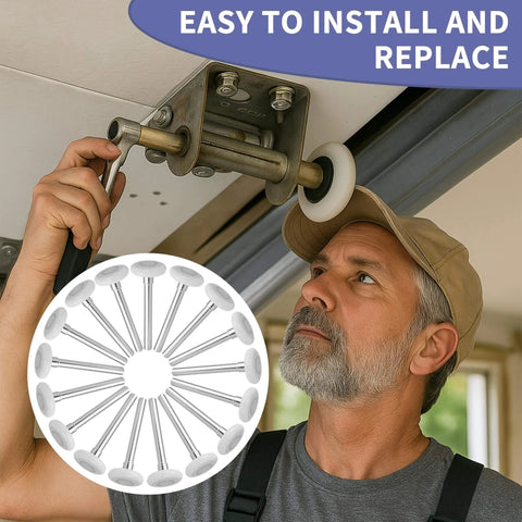 Person installing 10 Pack 4 Inch Stem 2 Inch White Nylon Garage Door Roller With Protective Sealed Cap Dustproof Ultra Quiet Long Lasting Heavy Duty High Load Capacity Double Sealed Bearings Maintenance Free on garage door track.