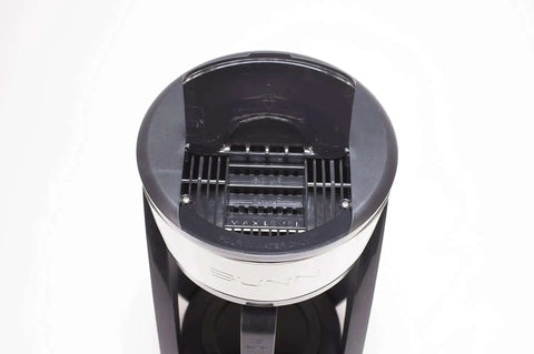 Top view of open Heat N Brew 10 Cup Programmable Coffee Maker With Stainless Steel Finish, showing Even Brew Showerhead