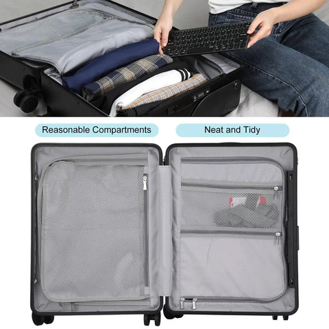 Open view of Kids Ride On Luggage With Built In Seat 20 Inch Aluminum Frame Travel Case With Spinner Wheels displaying organized compartments.