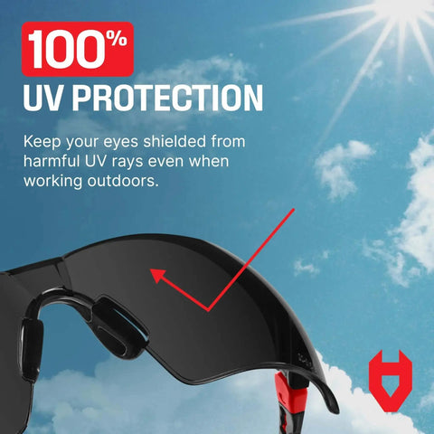 Green Tinted Wraparound Safety Glasses With Adjustable Arms And No Slip Grips, UV 400 Protection, ANSI Z87.1 Rated lens close-up.