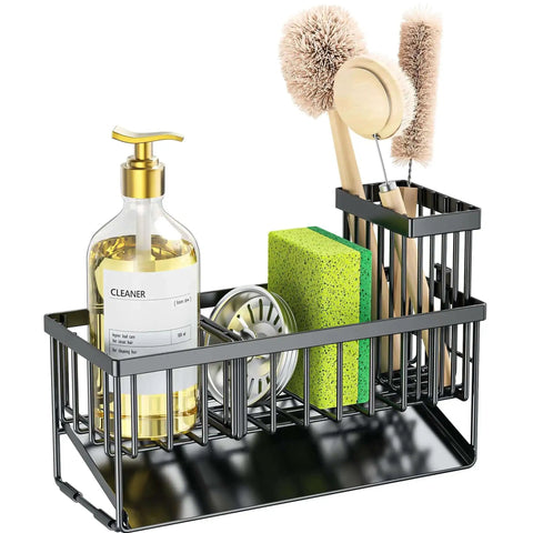 Sink Caddy With Brush Holder And Self Drain Tray Rustproof Stainless Steel Organizer For Sponges Soaps And Dish Brushes Easy Drainage System Keeps Counter Dry And Clutter Free