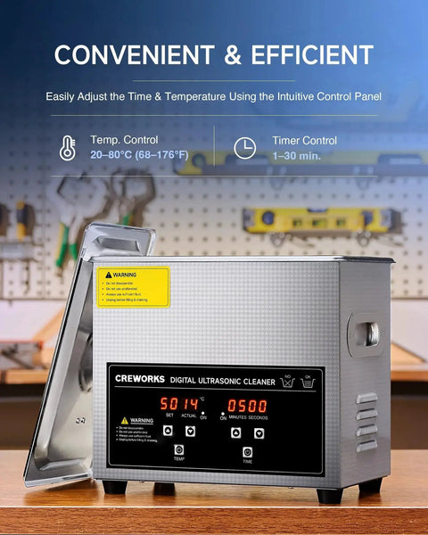CREWORKS 3L digital ultrasonic cleaner in stainless steel with black control panel and built-in heater, front view