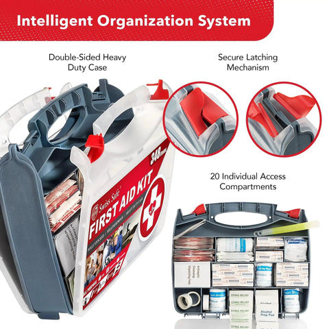 Durable 2 In 1 First Aid Kit For Car Travel Home And Business With 348 Pieces in heavy duty hard case showing compartments and latch system.