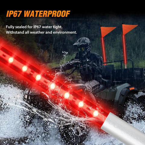 3 Foot LED Whip Light With Aluminum Base Red Color Safety Warning Pole Antenna For RZR Polaris Dune Buggy Off Road Truck UTV ATV High Bright 84 LED SMD, IP67 waterproof in use on a vehicle in water