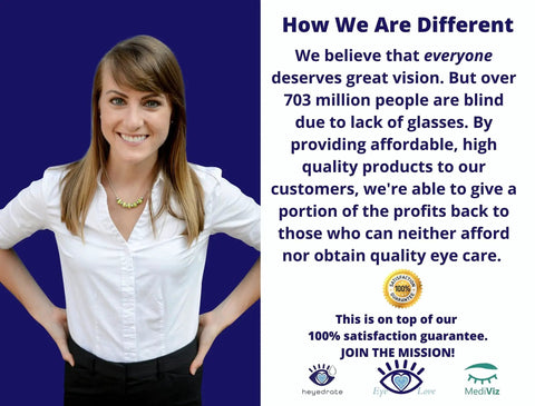 Woman in white shirt with text highlighting mission for quality eye care accessibility and profits support