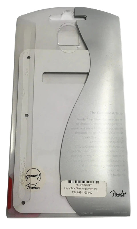 Packaging of Stratocaster Modern White Moto Backplate and Pickguard Cover showcasing part number and Fender branding.