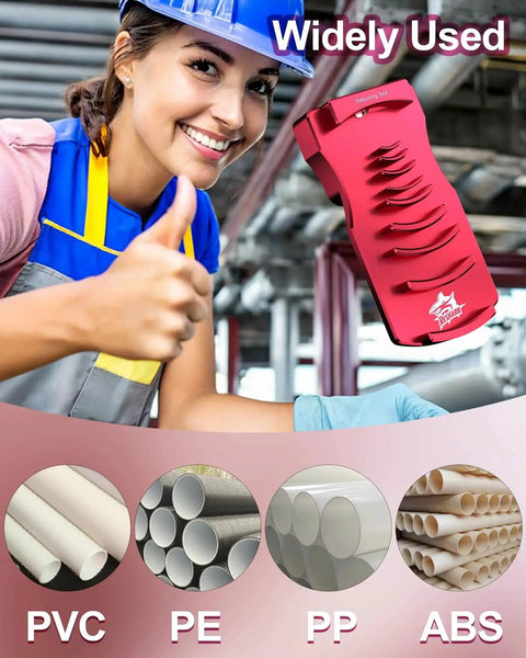 Nine In One PVC Pipe Deburring Tool With Adjustable Chamfer, covers 0.5 to 4 inch pipes, works on SCH40 PVC and CPVC, shown with pipes.