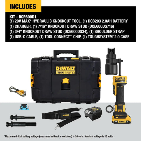 20V Knockout Tool Kit with included DeWalt DCE600D1 components, featuring hydraulic knockout tool, battery, charger, and accessories.