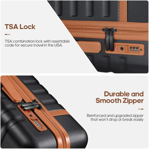Close-up of TSA lock and durable zipper on black Three Piece Luggage Set With 20 Inch Carry On Spinner Wheels PC Hardside Suitcase.