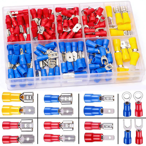 Twidec spade crimp connectors kit with 2.8/4.8/6.3 mm male/female terminals in red, blue, yellow insulated colors in a box