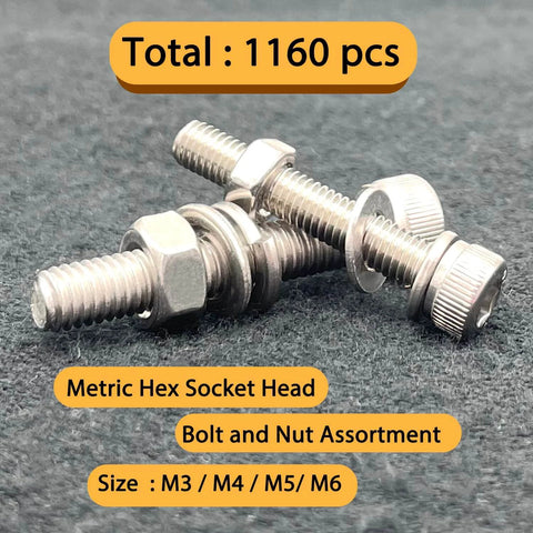 304 Stainless Steel Hex Socket Cap Bolts And Nuts Set, 1160 Piece M3 To M6 Metric Hardware With Flat And Lock Washers on display