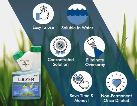 Lazer Blue Spray Pattern Indicator For Pro Grade Precise Turf Marking And Weed Dye 8 Ounces shown with features like easy use, concentrates, and solubility.