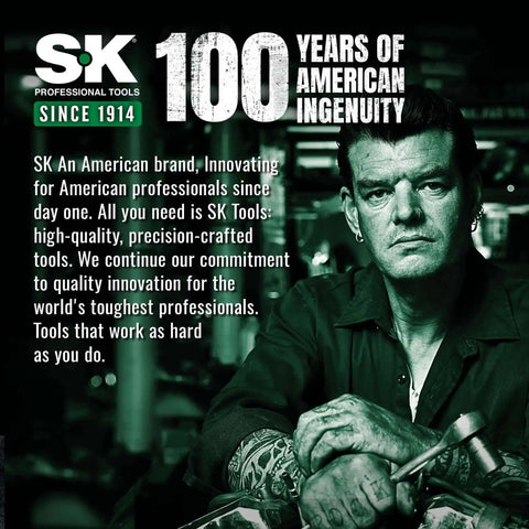 Man holding a tool with tattoos on arm; text about SK Professional Tools' 100-year history of American innovation.