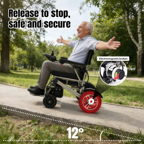 Foldable electric wheelchair for adults, side view, brown, dual batteries, Amazon BISS