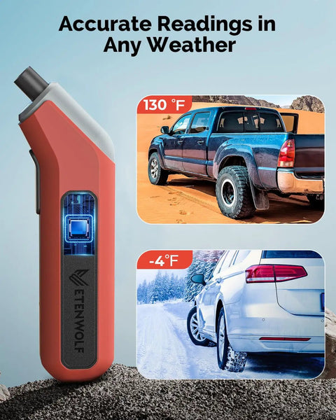 Digital Tire Pressure Gauge T300 3-200 PSI Calibrated to ANSI B40.7 Grade 2A With Replaceable AAA Batteries In Vivid Orange showing temperature and vehicle use in diverse weather conditions.
