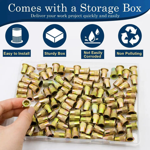 115Pcs M6 Rivet Nuts Kit With Zinc Plated Carbon Steel Flat Head Nutserts, shown in a storage box with knurled design.