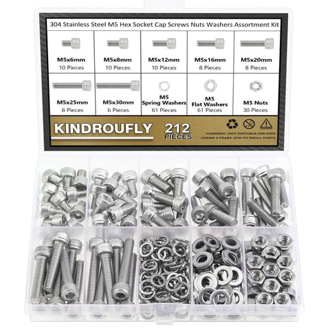 304 Stainless Steel Hex Socket Head Cap Screw Set 212 Pieces M5 Lengths 6 8 12 16 20 25 30mm Includes Nuts Lock Washers