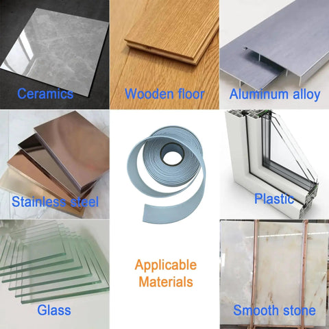 Waterproof Self Adhesive Sealant Tape For Bathrooms And Kitchen White with various applicable materials including ceramics, wood, and glass.