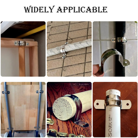 Pipe strap (M40) 1-1/2 in stainless steel, front view securing a wooden frame corner.

Pipe strap (M40) 1-1/2 in stainless steel, side view securing insulated pipe to brick wall.

Pipe strap installed around vertical pipe with mounting tab.

Pipe straps securing two parallel pipes to a wooden panel.

Close-up of a stainless steel pipe strap around a cylindrical pipe.

PVC pipe secured by stainless steel pipe strap with mounting flange on wood.