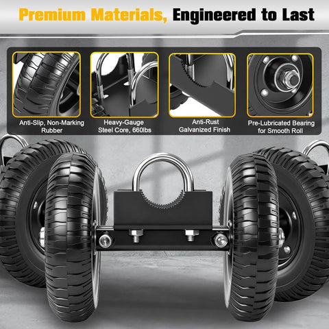 Premium materials behind a heavy duty 8 inch gate wheel for rolling gates with rubber tread and steel construction, 660 lbs capacity.