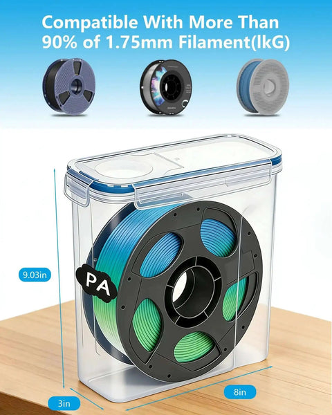 Six Pack 1.75mm Filament Storage Boxes With Desiccants showing transparent blue box with spool inside