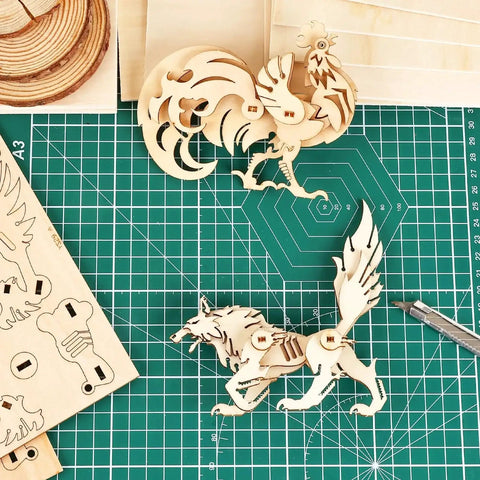 55 Pack Basswood Sheets For Crafts 12x12 Inch Unfinished Squares 2mm Thick Plywood For Laser Cutting And Wood Burning Architectural Models Staining And DIY Projects With Smooth Surfaces MITINU includes assembled wood animal figures on a cutting mat with crafting tools.