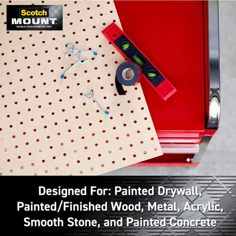 Double-sided heavy-duty mounting strips and tape for walls and outdoor use, shown with tools on a red workbench, pack of 8 strips