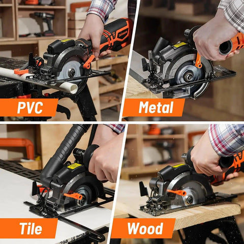 Beast Mode Circular Saw 5.8A With Laser Guide And Metal Handle Includes Six Blades For Wood Plastic Metal And Tile Deep Cut At Ninety Degrees One And Eleven Sixteenths Inch And At Forty Five Degrees One And Three Eighths Inch Model MCS01A showing in action cutting PVC, metal, tile, and wood.