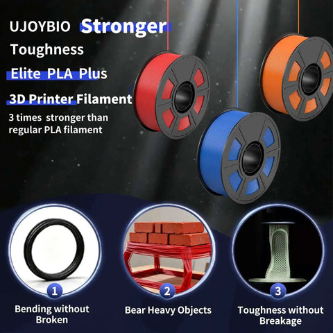Floating 3D printer filament spools in red, blue, and orange with highlights of strength and toughness properties; "UJOYBIO" branding.