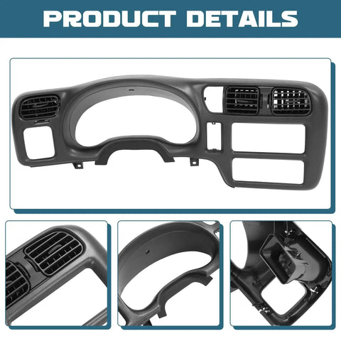Dash Radio Bezel Cover Black ABS For 1998 To 2004 Chevy S10 Blazer GMC Jimmy showing front and ventilation close-up views.