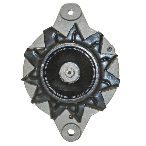 Front view of remanufactured car alternator with high quality bearings and double lip seals for quiet plug and play operation.