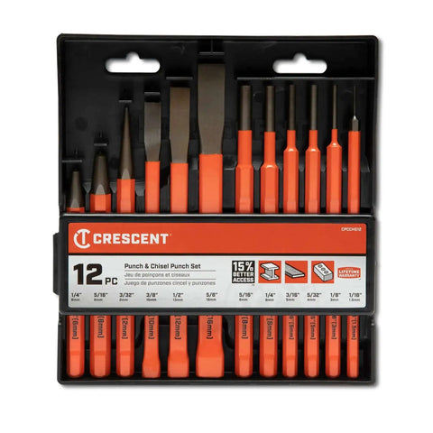 Extended Length Punch and Chisel Set for Metalworking and Carpentry, Pro Grade 12 Piece With Striking Cap, color-coded for quick ID
