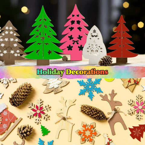 Assorted holiday decorations with colorful cardboard trees, wooden reindeer, pinecones, snowflakes, and ornaments on display.