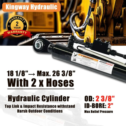 Hydraulic Top Link Cat 1-1 With Locking Block 18 1/8 To 26 3/8 In Check Valves; black cylinder with hoses and label in machinery setting.