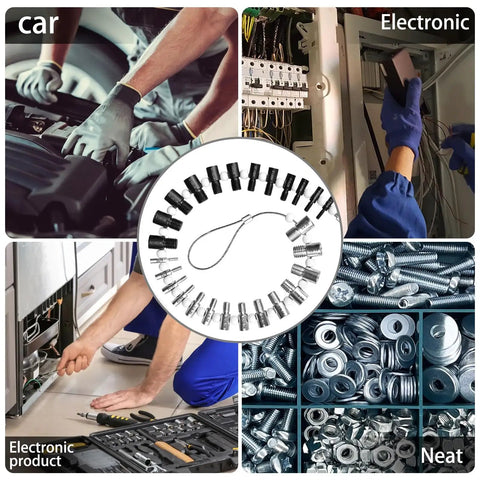 Precision Nut and Bolt Thread Checker Tool with 28 High-Quality Male and Female Gauges shown in use with various tools and hardware.