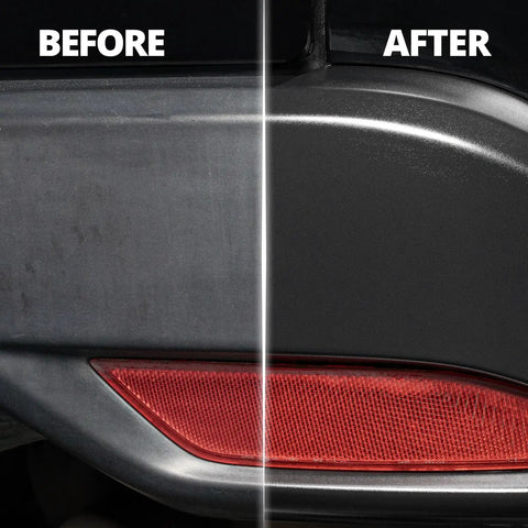 Before and after comparison of a vehicle's bumper trim using Ceramic Trim Coat Kit For Plastic Restoration That Cures On Plastics, Delivers UV Protection, 200 Plus Wash Durability, A True Ceramic Coating Not A Dressing, Cerakote Brand.