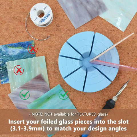 Stained Glass Multi Angle Jig Fixture For Welding Holds Glass Securely At 30 45 60 75 90 105 120 135 150 And 180 Degrees With Stable 3mm Groove Blue Ideal For Glass Artists And Hobbyists To Create Precise Angles And Bold Designs.