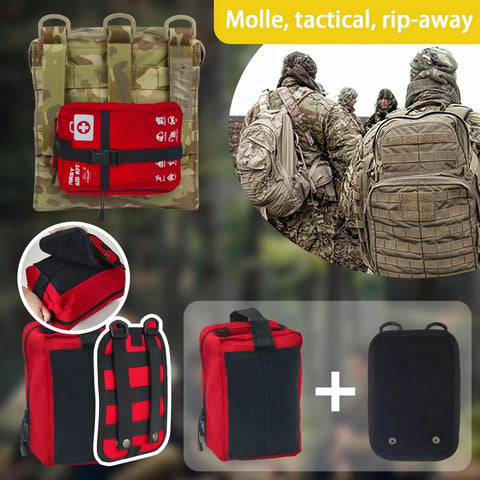 556 Piece Premium Large First Aid Kit with MOLLE Tactical Rip Away Design pouches shown with labeled compartments and gear bags