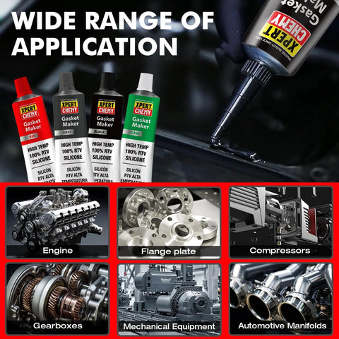 Gasket Maker high-temp RTV silicone tubes (red, gray, black, green) for automotive use; collage of 6 engine parts.