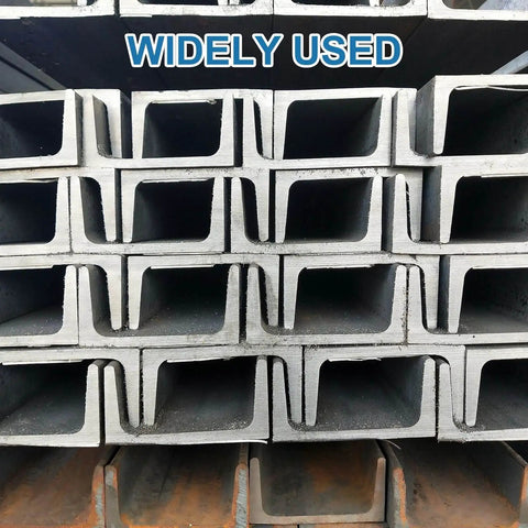 Stack of U-shaped steel beams labeled 'Widely Used' for construction